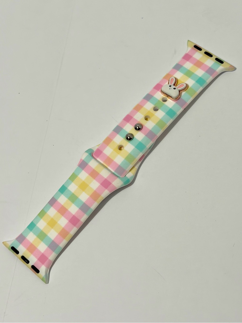 Fancy Bands Pastel Plaid Silicone Watch Band with Bunny Accent  Charm